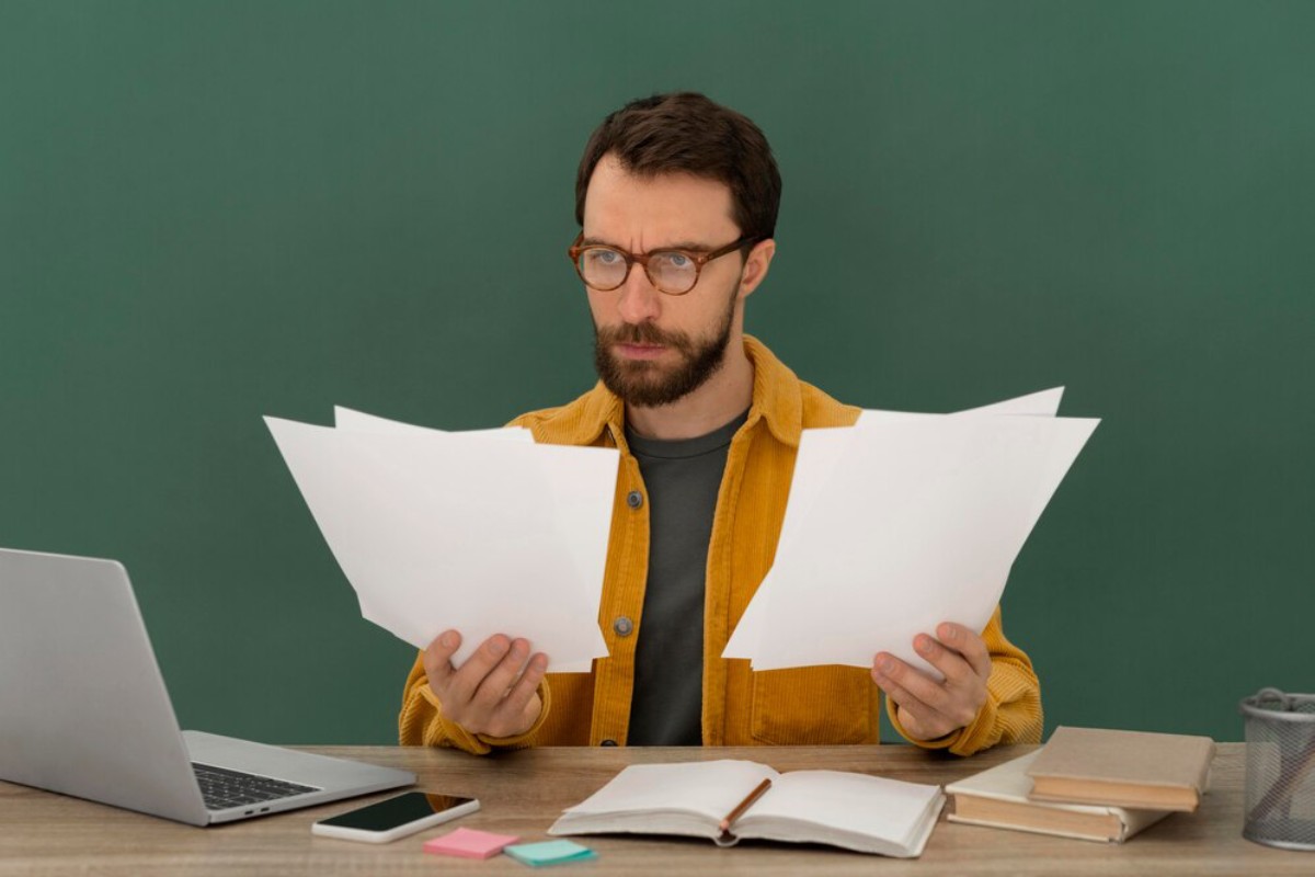 A person in a yellow jacket sits at a desk, holding multiple sheets of paper, with a laptop and stationary nearby against a green background.