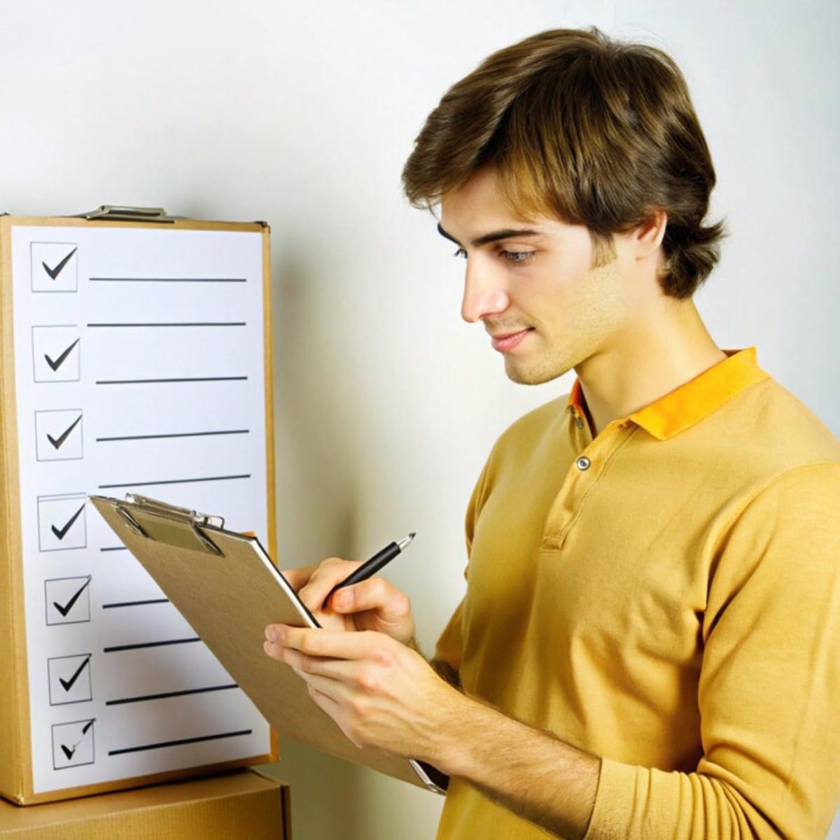 A person in a yellow shirt holding a clipboard and pen, checking off items on a checklist against a background of cardboard boxes.