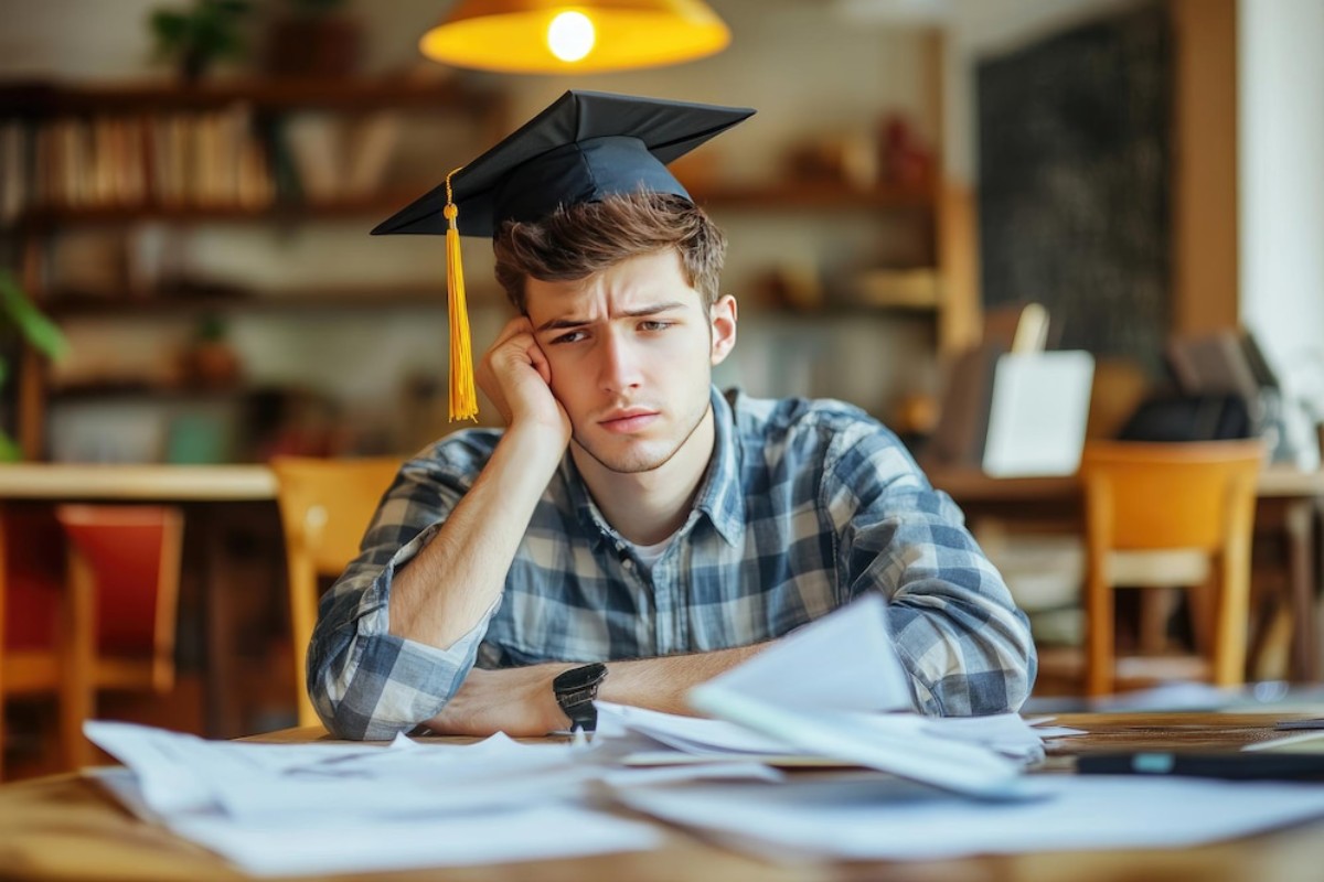 A student in a graduation cap sits at a table covered with papers, looking contemplative in a cozy study environment.