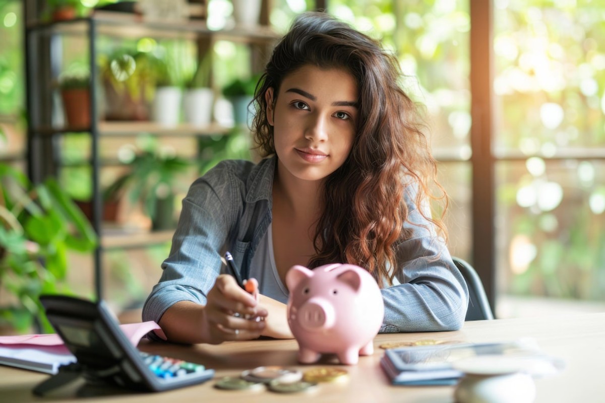 A woman in a denim shirt sits at a table with a piggy bank, calculator, and coins, surrounded by greenery.