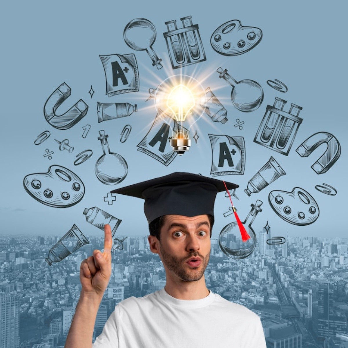 A graduate in a cap points upwards, surrounded by educational symbols like light bulbs, test tubes, and art supplies against a city backdrop.