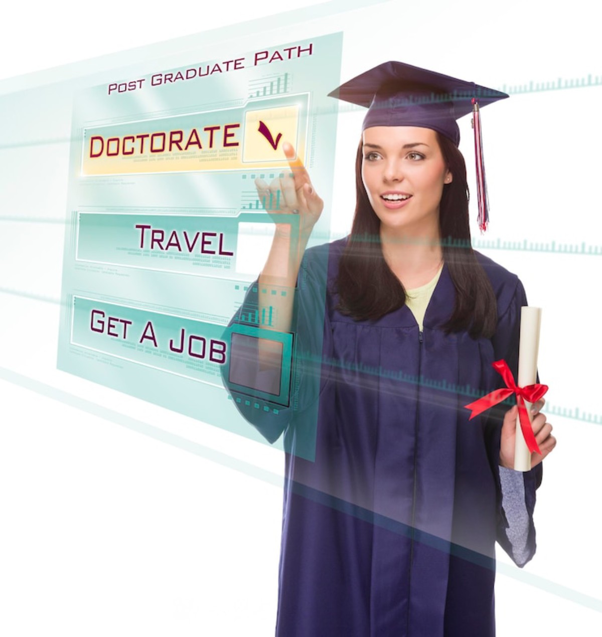 A graduate in a cap and gown holds a diploma, selecting 