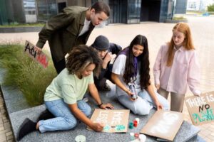 A group of young activists creating protest signs with messages about the environment on a stone surface outdoors.