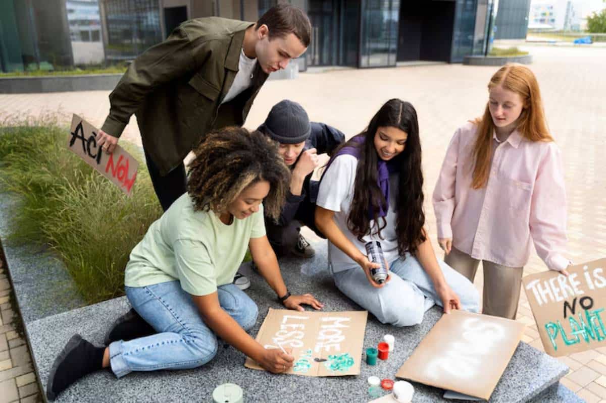 A group of young activists creating protest signs with messages about the environment on a stone surface outdoors.